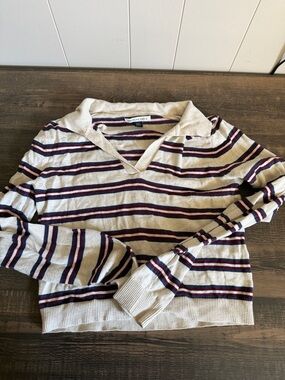 American Eagle Striped Knit Polo Sweater - Cream, Navy & Burgundy